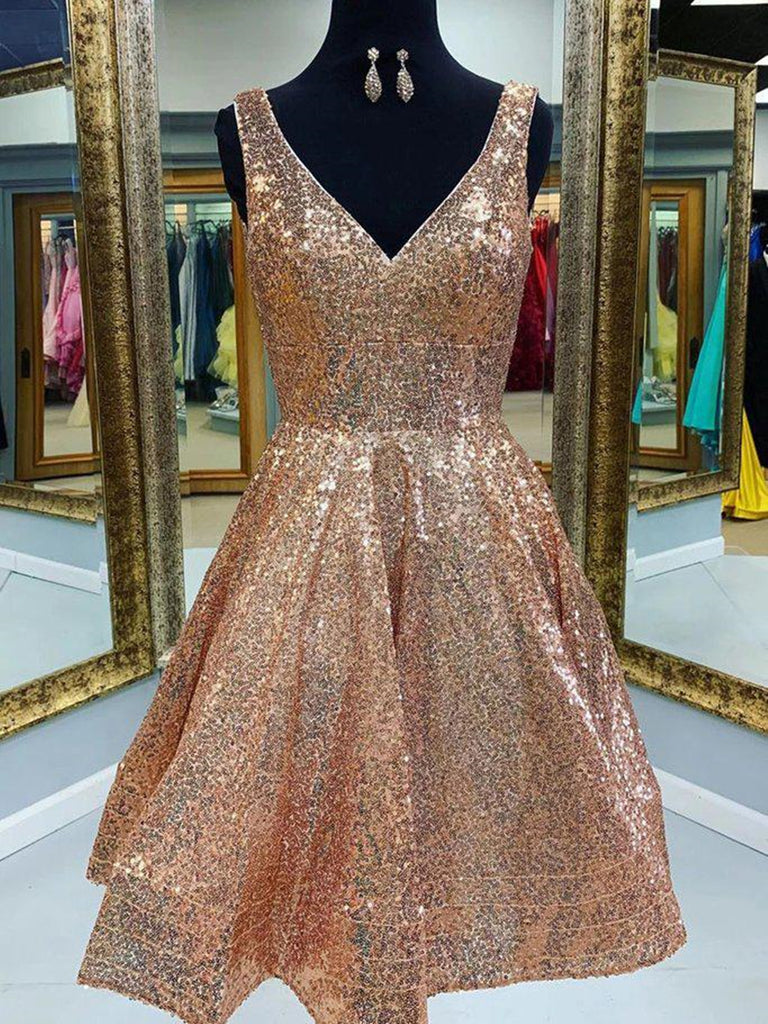 A Line V Neck Short Champagne Lace Prom Dresses, V Neck Short Champagne Lace Formal Homecoming Dresses