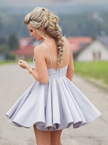 A Line V Neck Short Gray Lace Prom Dresses, Short Grey Lace Formal Evening Dresses