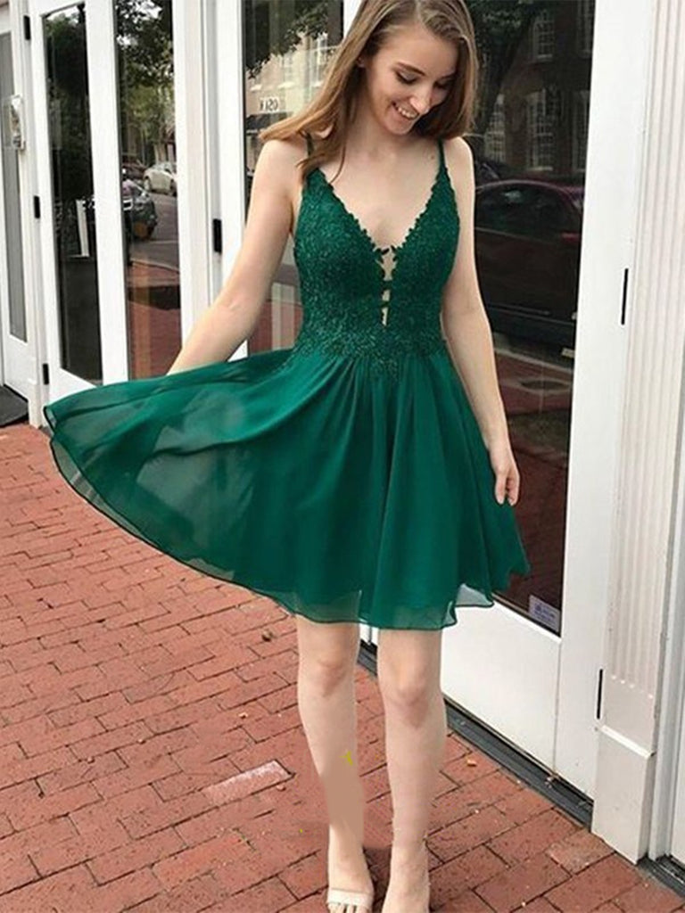 A Line V Neck Short Green Lace Prom Dresses, Short Green Lace Formal Homecoming Dresses