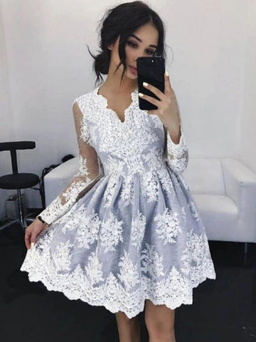 A Line V Neck Long Sleeves Short Lace Prom Dresses, Short Gray Lace Formal Homecoming Graduation Dresses