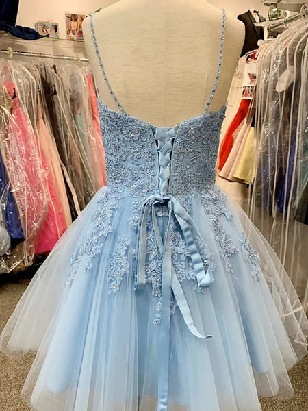 A Line V Neck Short Light Blue Lace Prom Dresses, Short Light Blue Lace Homecoming Dresses