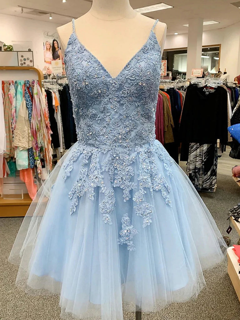 A Line V Neck Short Light Blue Lace Prom Dresses, Short Light Blue Lac jbydress A Line V Neck Short Light Blue Lace Prom Dresses, Short Light Blue Lac jbydress