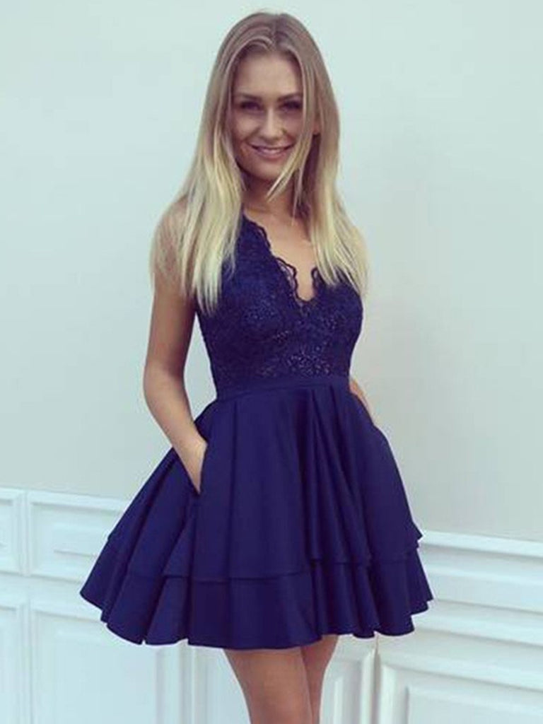 A Line V Neck Short Navy Blue Lace Prom Dresses, Short Navy Blue Lace jbydress A Line V Neck Short Navy Blue Lace Prom Dresses, Short Navy Blue Lace jbydress