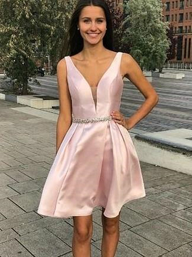 A Line V Neck Short Pink Prom Dresses, Short Pink Satin Formal Homecom –  jbydress