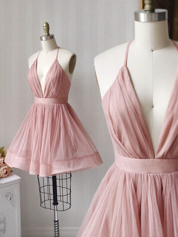 A Line V Neck Short Pink Tulle Prom Dresses, Short Pink Tulle Formal Evening Dresses