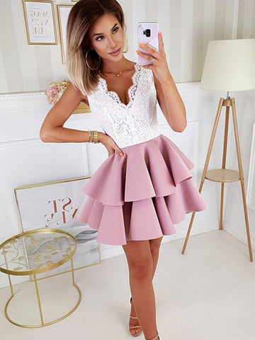 A Line V Neck Short Prom Dresses with White Lace, Short Lace Formal Homecoming Dresses