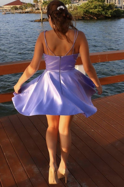 A Line V Neck Short Purple Satin Prom Dresses, Short Purple Satin Formal Homecoming Dresses