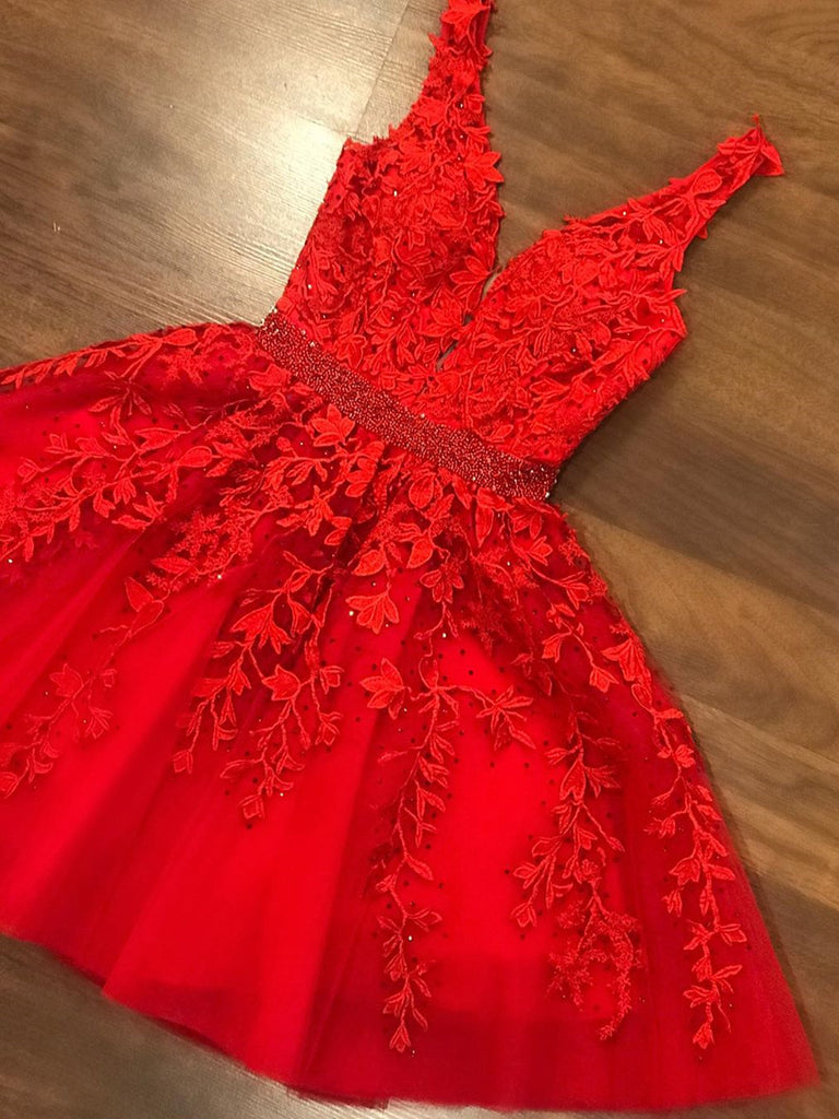 A Line V Neck Short Red Lace Prom Dresses, Short Red Lace Formal Graduation Homecoming Dresses