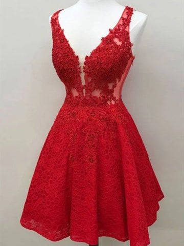 A Line V Neck Short Red Lace Prom Dresses, Short Red Lace Formal Homecoming Graduation Dresses