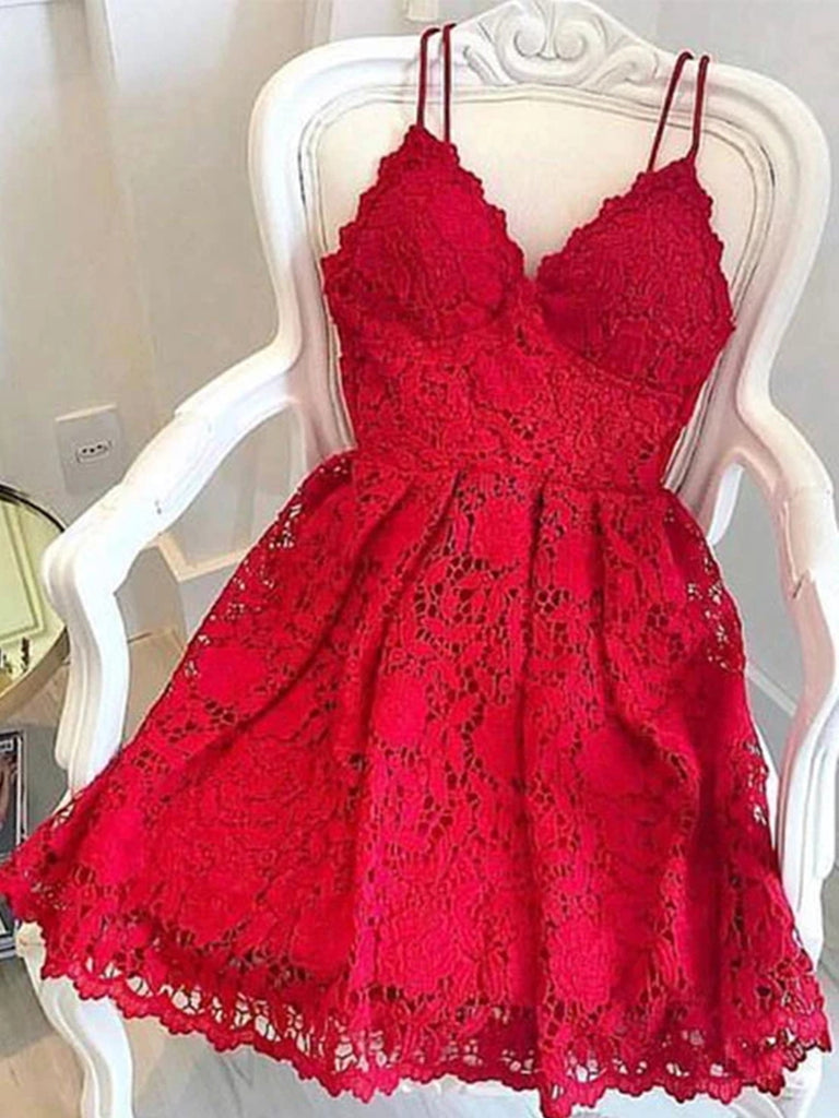 A Line V Neck Short Red Lace Prom Dresses, Short Red Lace Formal Homec jbydress A Line V Neck Short Red Lace Prom Dresses, Short Red Lace Formal Homec jbydress