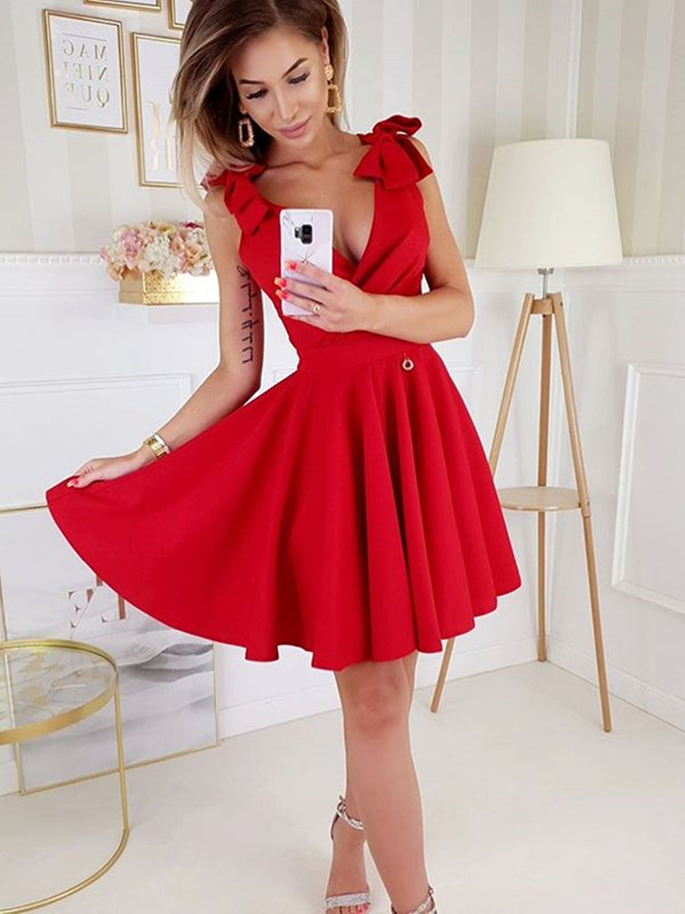 A Line V Neck Short Red Prom Dresses, Short Red Formal Homecoming Dresses