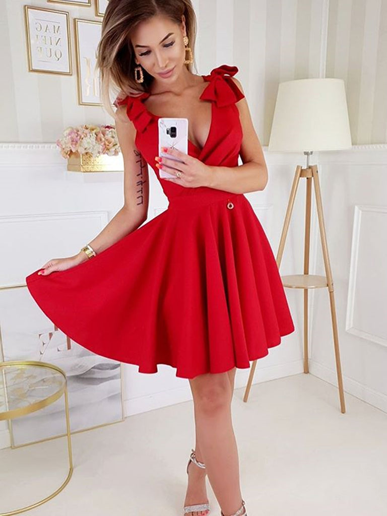 A Line V Neck Short Red Prom Dresses, Short Red Formal Homecoming Dres ...
