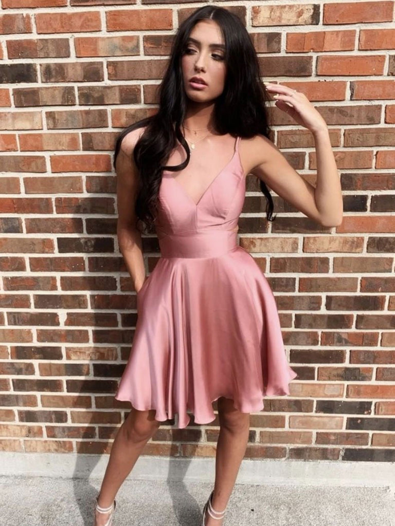 A Line V Neck Short Rose Pink Prom Dresses, Short Rose Pink Formal Gra jbydress A Line V Neck Short Rose Pink Prom Dresses, Short Rose Pink Formal Gra jbydress