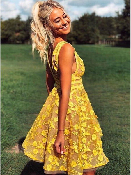 V Neck Short Yellow Lace Prom Dresses, Short Yellow Lace Formal Homecoming Dresses