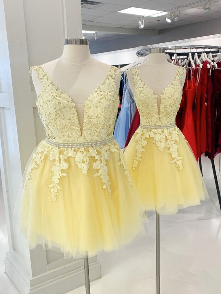 A Line V Neck Short Yellow Lace Prom Dresses, Short Yellow Lace Gradua jbydress A Line V Neck Short Yellow Lace Prom Dresses, Short Yellow Lace Gradua jbydress