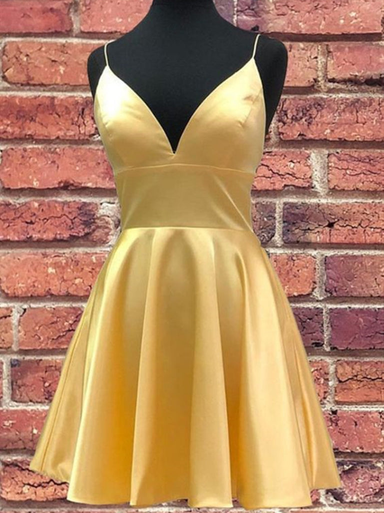 A Line V Neck Short Yellow Prom Dresses, Short V Neck Yellow Formal Ho jbydress A Line V Neck Short Yellow Prom Dresses, Short V Neck Yellow Formal Ho jbydress