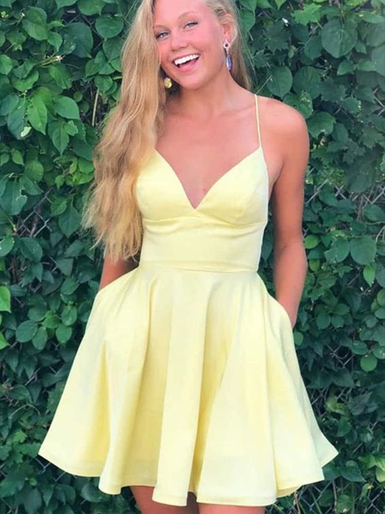 A Line V Neck Short Yellow Prom Dresses, Short Yellow Formal Homecomin jbydress A Line V Neck Short Yellow Prom Dresses, Short Yellow Formal Homecomin jbydress