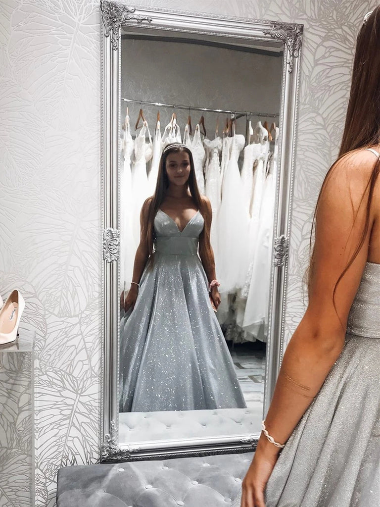 A Line V Neck Silver Gray Long Prom Dresses, Silver Gray Long Formal E jbydress A Line V Neck Silver Gray Long Prom Dresses, Silver Gray Long Formal E jbydress