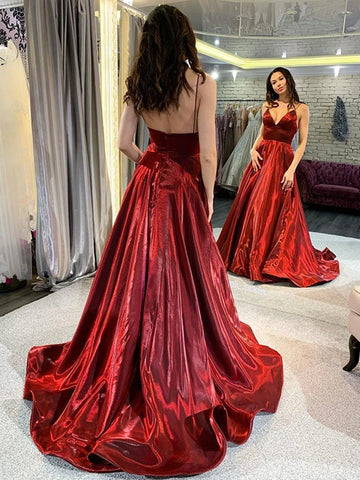 A Line V Neck Spaghetti Straps Burgundy Long Prom Dresses, Wine Red Long Formal Evening Dresses