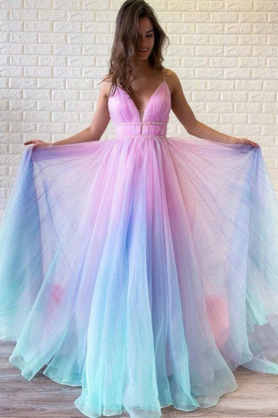A Line V Neck Spaghetti Straps Ombre Long Prom Dresses, Ombre Long Formal Evening Dresses