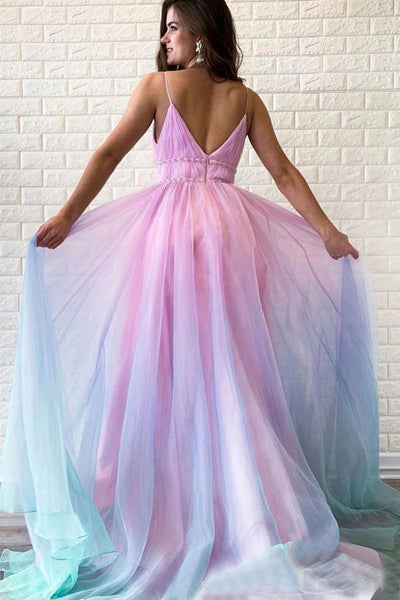 A Line V Neck Spaghetti Straps Ombre Long Prom Dresses, Ombre Long Formal Evening Dresses 3