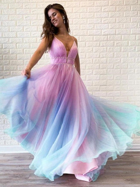 A Line V Neck Spaghetti Straps Ombre Long Prom Dresses, Ombre Long Formal Evening Dresses