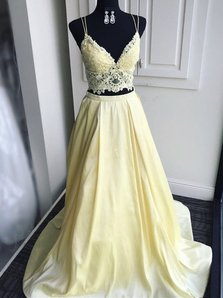 A Line V Neck Two Pieces Yellow Lace Prom Dresses, 2 Pieces Yellow Lace Formal Evening Dresses