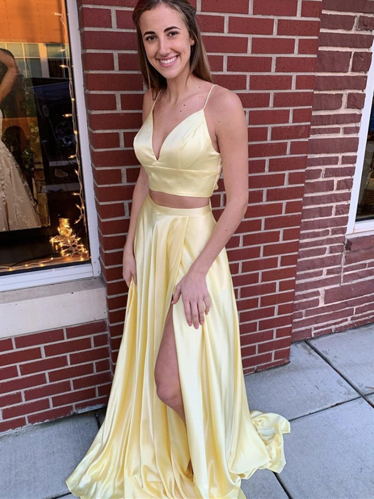 A Line V Neck Two Pieces Yellow Long Prom Dresses, 2 Pieces Yellow For jbydress A Line V Neck Two Pieces Yellow Long Prom Dresses, 2 Pieces Yellow For jbydress