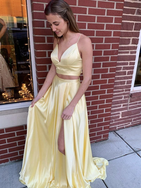 A Line V Neck Two Pieces Yellow Long Prom Dresses, 2 Pieces Yellow Formal Evening Dresses