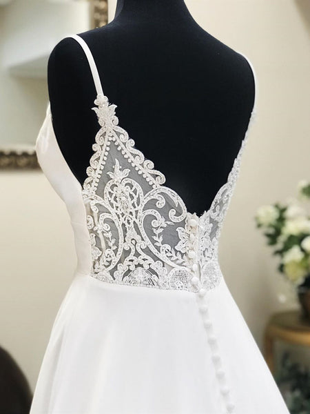 A Line V Neck White Satin Prom Dress with Lace Back, V Neck White Lace Wedding Dresses
