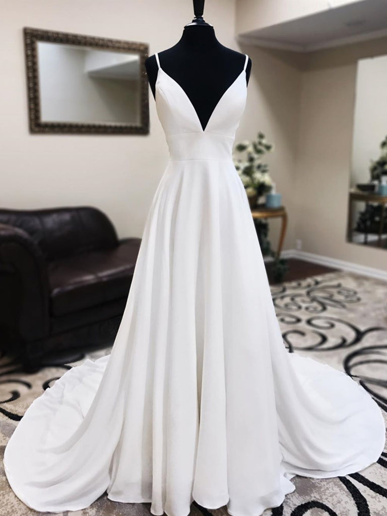 A Line V Neck White Satin Prom Dress with Lace Back, V Neck White Lace Wedding Dresses
