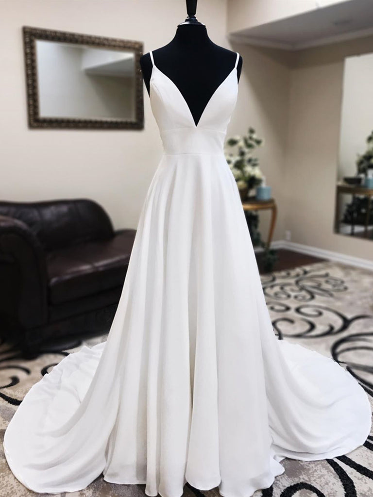 A Line V Neck White Satin Prom Dress with Lace Back, V Neck White Lace jbydress A Line V Neck White Satin Prom Dress with Lace Back, V Neck White Lace jbydress