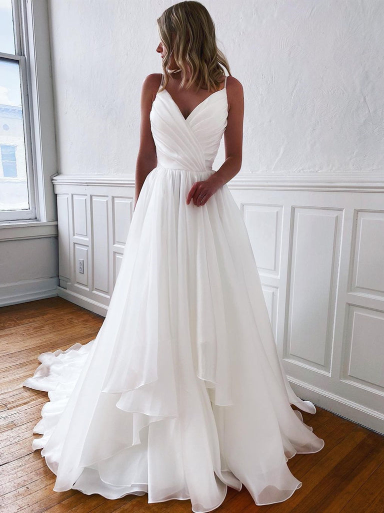 A Line V Neck White Wedding Dresses, V Neck White Prom Formal Dresses