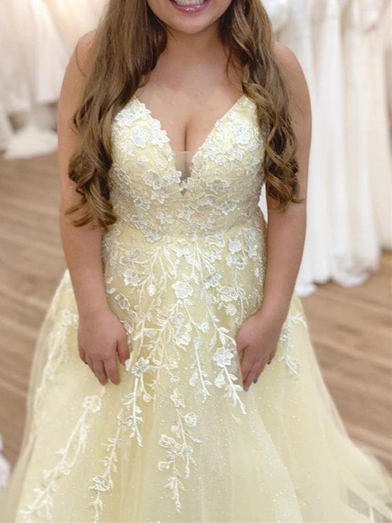 A Line V Neck Yellow Lace Floral Long Prom Dresses, Yellow Lace Formal – jbydress