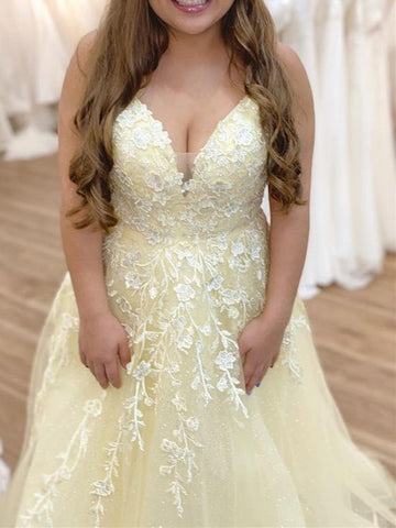A Line V Neck Yellow Lace Floral Long Prom Dresses, Yellow Lace Formal Evening Dresses