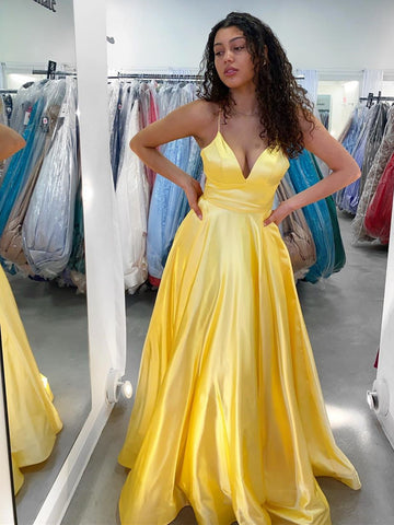A Line V Neck Yellow Satin Long Prom Dresses, Yellow Satin Long Formal Evening Dresses