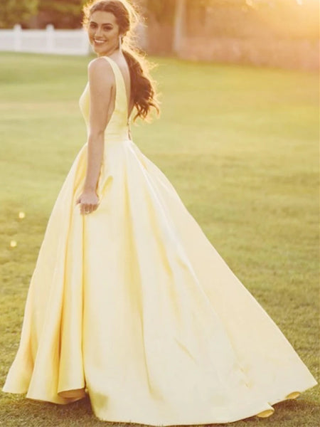 A Line V Neck Yellow Satin Long Prom Dresses, Yellow V Neck Long Formal Evening Dresses