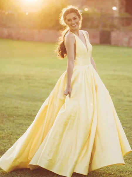 A Line V Neck Yellow Satin Long Prom Dresses, Yellow V Neck Long Formal Evening Dresses