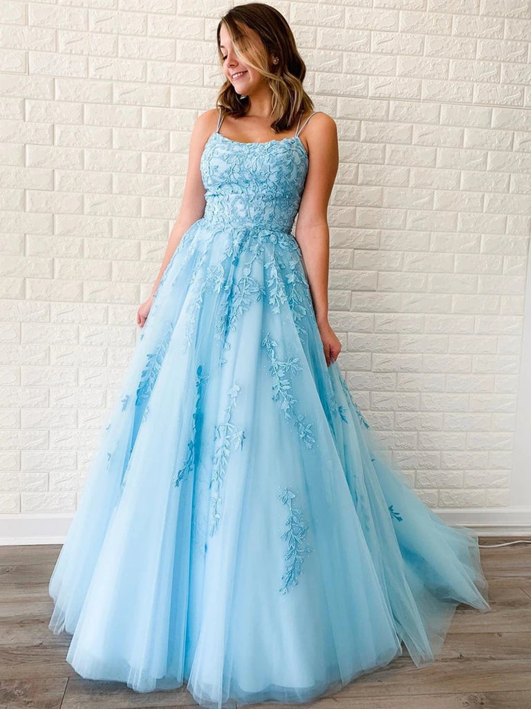 A Line Backless Blue Lace Prom Dresses, Backless Blue Lace Formal Even