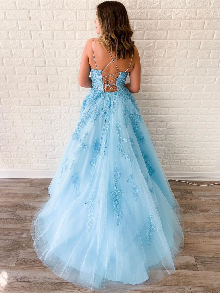 A Line Backless Blue Lace Prom Dresses, Backless Blue Lace Formal Even