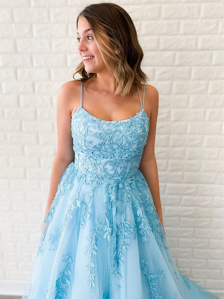 A Line Backless Blue Lace Prom Dresses, Backless Blue Lace Formal Even