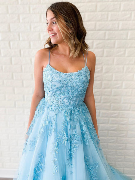 A Line Backless Blue Lace Prom Dresses, Backless Blue Lace Formal Evening Dresses