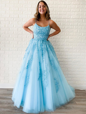 A Line Backless Blue Lace Prom Dresses, Backless Blue Lace Formal Evening Dresses