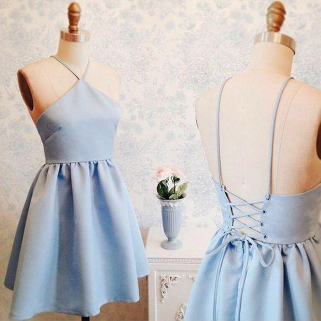 A Line Backless Short Blue Prom Dresses, Short Blue Homecoming Formal