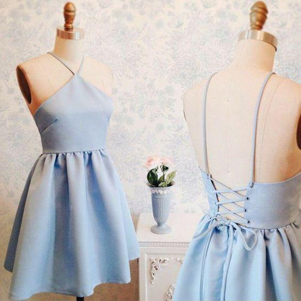 A Line Backless Short Blue Prom Dresses, Short Blue Homecoming Formal Dresses, Evening Dresses