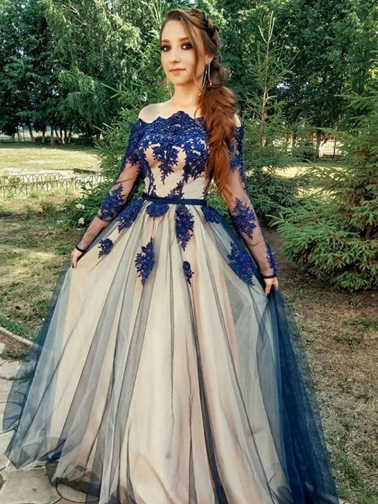 A Line Long Sleeves Blue Lace Prom Dresses, Long Sleeves Blue Lace For jbydress A Line Long Sleeves Blue Lace Prom Dresses, Long Sleeves Blue Lace For jbydress