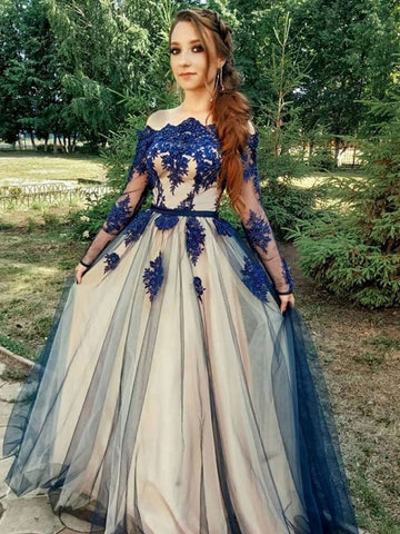 A Line Long Sleeves Blue Lace Prom Dresses, Long Sleeves Blue Lace Formal Graduation Homecoming Dresses