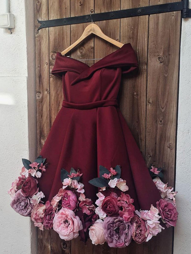A Line Off Shoulder Short Burgundy Floral Prom Dresses, Short Burgundy jbydress A Line Off Shoulder Short Burgundy Floral Prom Dresses, Short Burgundy jbydress