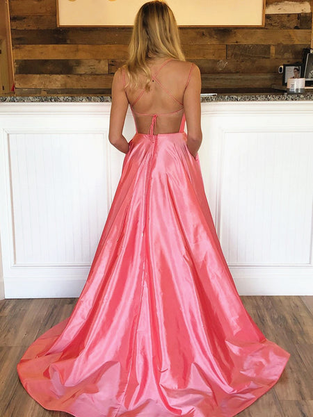 A Line Pink Backless Prom Dresses, Pink Backless Formal Evening Dresses