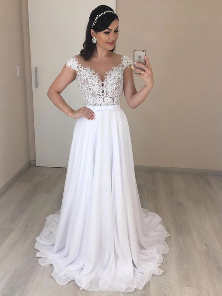 A Line Round Neck Backless White Prom Dresses, Backless White Wedding jbydress A Line Round Neck Backless White Prom Dresses, Backless White Wedding jbydress